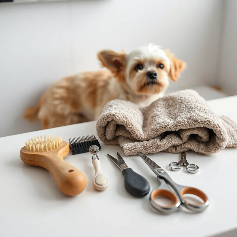 Assorted pet grooming tools arranged beside a fluffy dog towel on a clean countertop