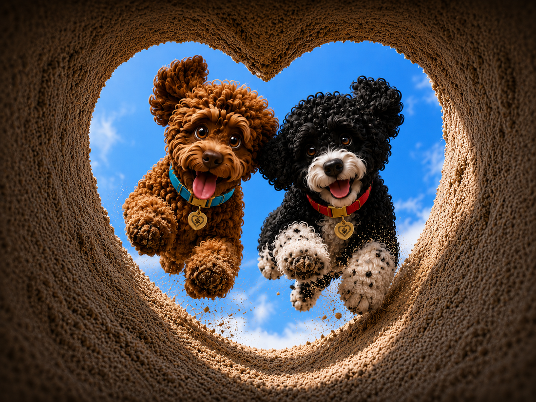 The heart of The Doodle Duo - Moosh and Mamba through a heart shaped hole.