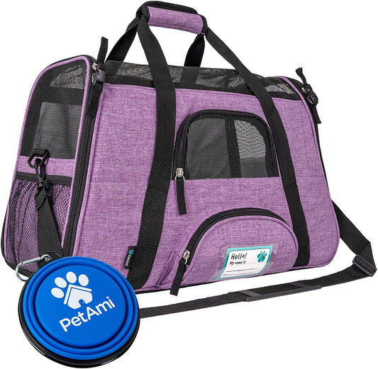 Airline Approved Pet Carrier for Cats & Small Dogs, Soft Sided TSA Travel Carrier Bag with Sherpa Bed, Breathable Mesh Ventilation, Collapsible Bowl, up to 18 Lbs, Small Heather Purple
