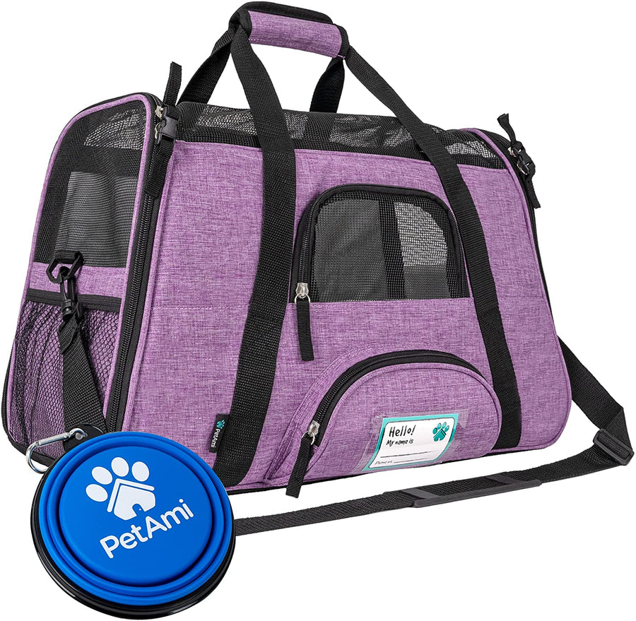 Airline Approved Pet Carrier for Cats & Small Dogs, Soft Sided TSA Travel Carrier Bag with Sherpa Bed, Breathable Mesh Ventilation, Collapsible Bowl, up to 18 Lbs, Small Heather Purple