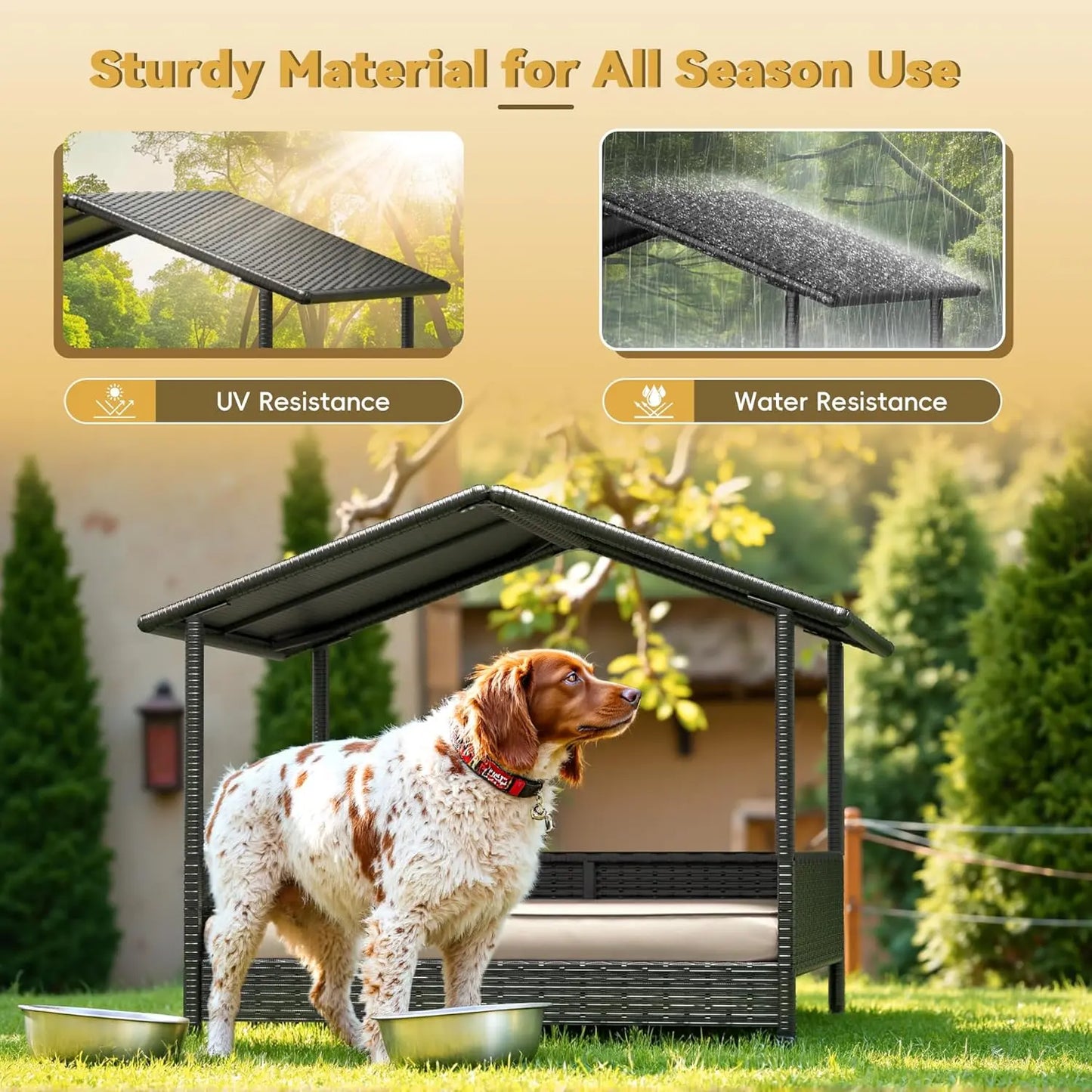 Elevated Wicker Dog House – Indoor/Outdoor Pet Shelter with Premium Cushion (for Patio, Deck, & Home)