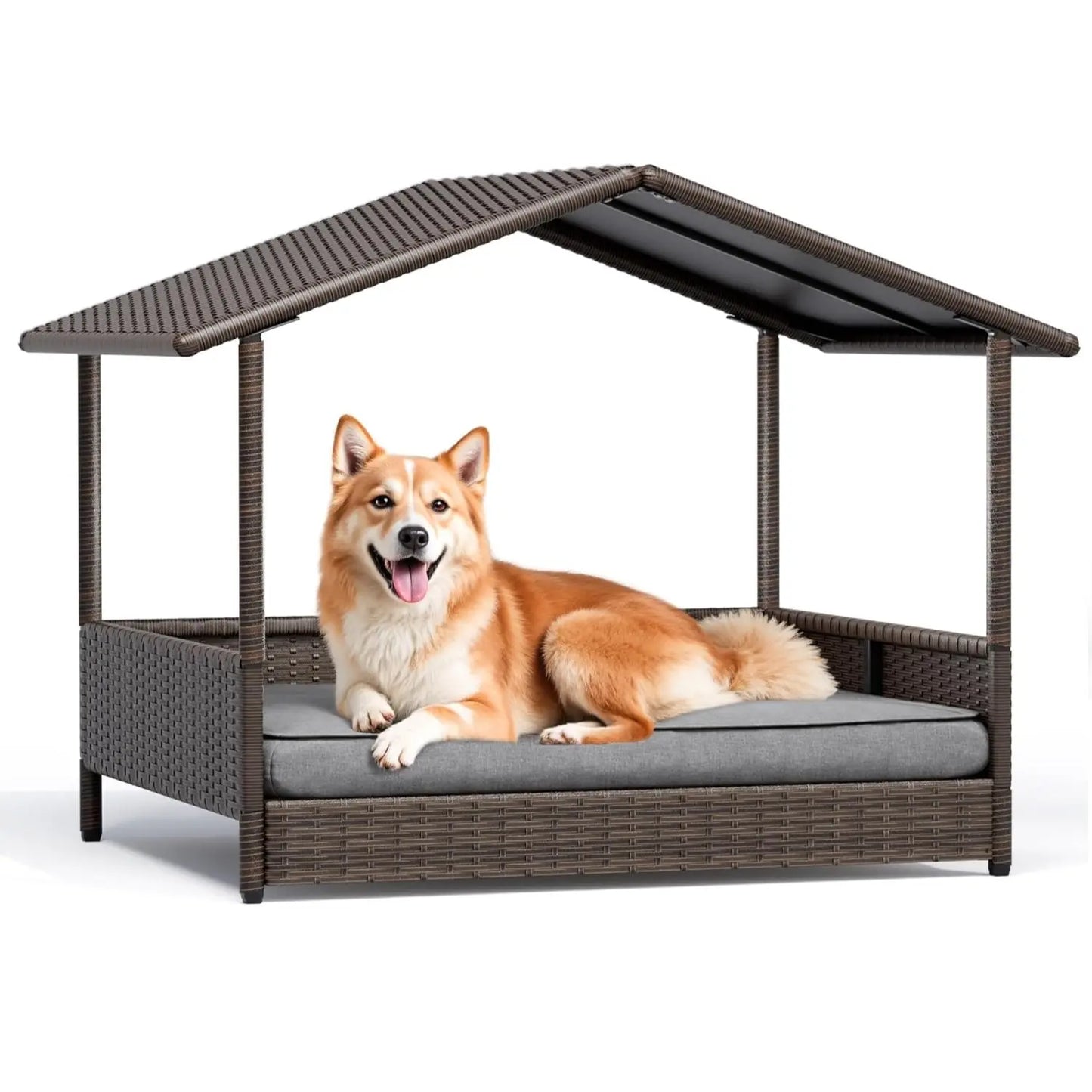 Elevated Wicker Dog House – Indoor/Outdoor Pet Shelter with Premium Cushion (for Patio, Deck, & Home)