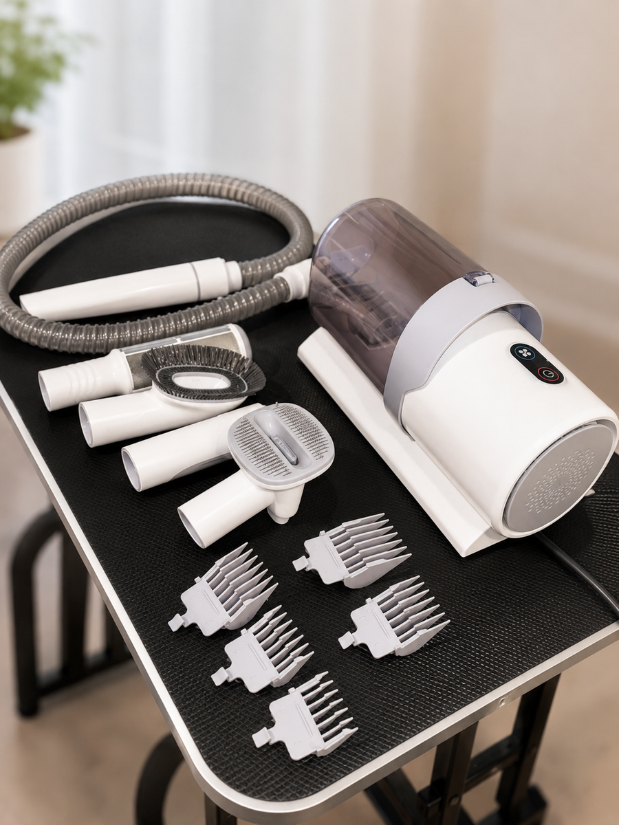 A white and gray hair dryer attachment kit with multiple white comb guards, a flexible gray hose, and a clear dust cup, arranged on a black textured table mat.