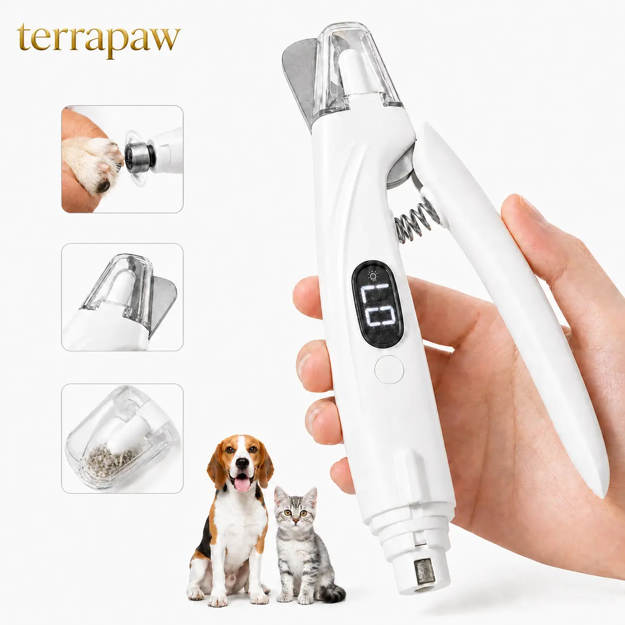 Pet Nail Clipper with Catcher & Grinder, LED Dog and Cat Nail Trimmer, Rechargeable 2-In-1 Paw Grooming Tool for Small Medium Large Pets