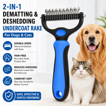 Pet Dematting Undercoat Rake for Long Haired Dogs Cats, Double Sided Deshedding Brush, Pain Free Tangle Remover to Reduce Shedding & Mats, Pet Grooming Tool N2 Comb