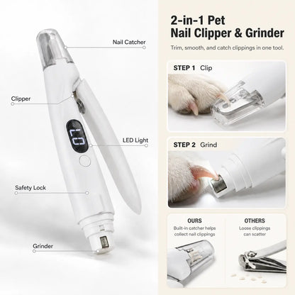 Pet Nail Clipper with Catcher & Grinder, LED Dog and Cat Nail Trimmer, Rechargeable 2-In-1 Paw Grooming Tool for Small Medium Large Pets