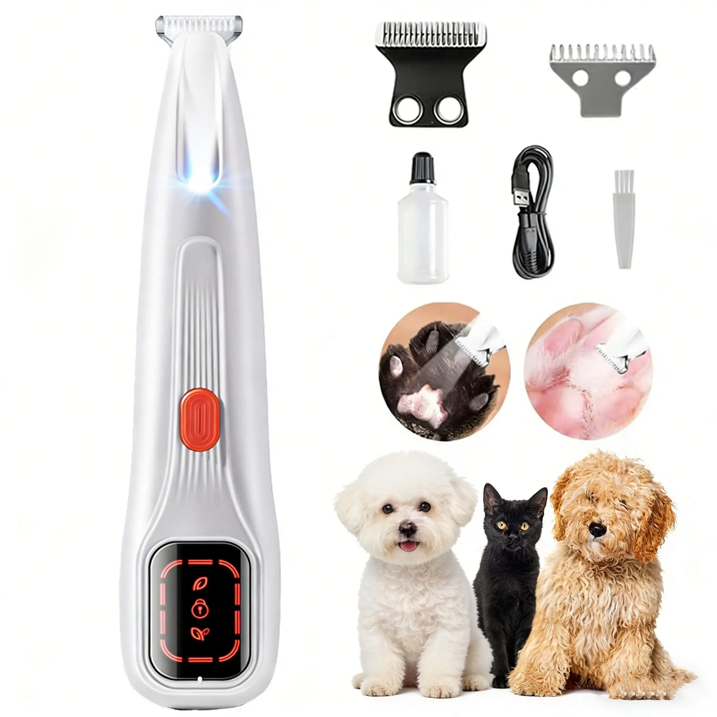 Professional Pet Grooming Clipper Kit – Rechargeable, Low-Noise Dog & Cat Paw Trimmer with LED Light & Dual-Speed Motor (Waterproof)