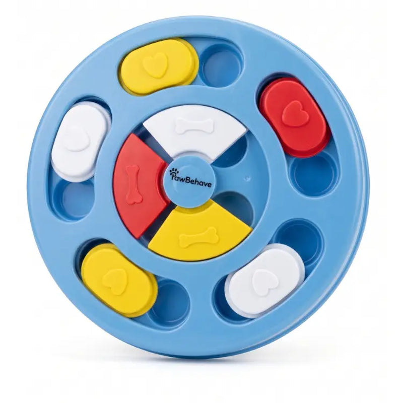 Dog puzzle feeder and slow feeder bowl with eight sliding paw-shaped compartments.