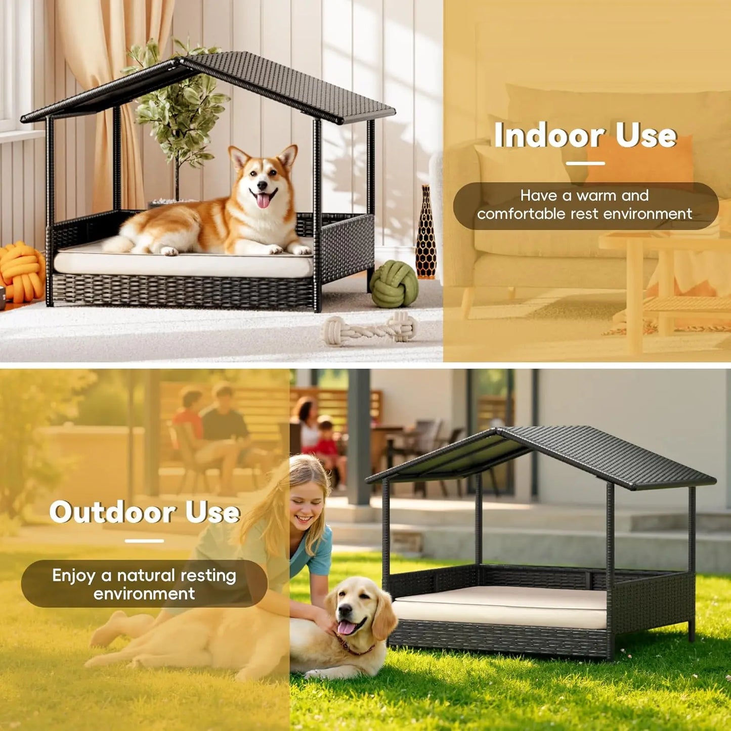 Elevated Wicker Dog House – Indoor/Outdoor Pet Shelter with Premium Cushion (for Patio, Deck, & Home)
