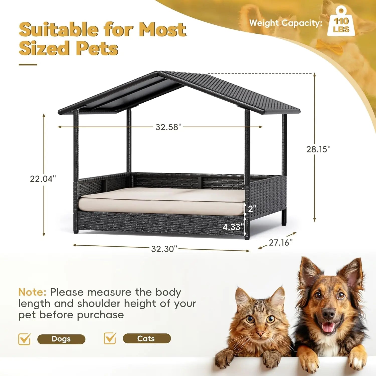 Elevated Wicker Dog House – Indoor/Outdoor Pet Shelter with Premium Cushion (for Patio, Deck, & Home)