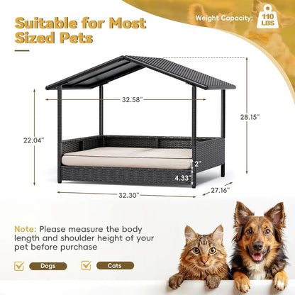 Elevated Wicker Dog House – Indoor/Outdoor Pet Shelter with Premium Cushion (for Patio, Deck, & Home)