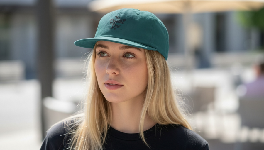 A blonde woman wearing a atlantic green surf cap with print text and a black t-shirt, photographed in a bright, sunlit outdoor setting with a blurred background.