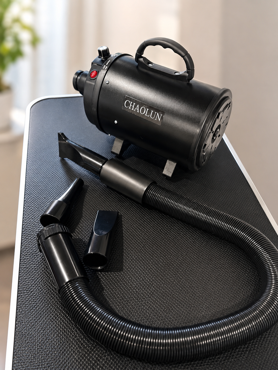 A black cylindrical hair dryer or grooming device with a handle, hose, and nozzle attachments, placed on a textured black surface in a softly lit indoor setting. The device is labeled CHAOLUN.