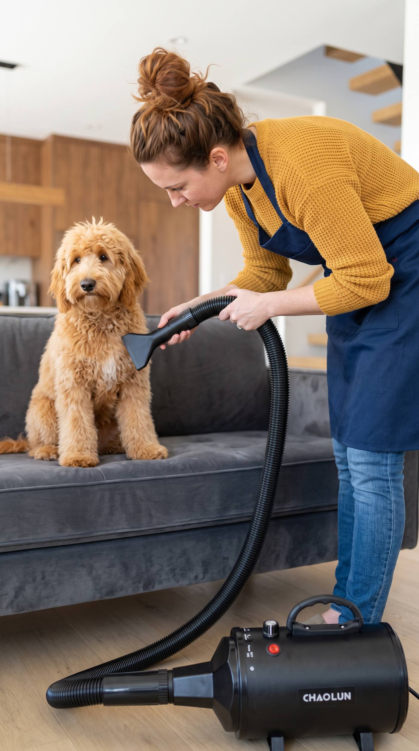 A woman using a pet hair dryer on a golden doodle dog sitting on a gray sofa in a modern living room.