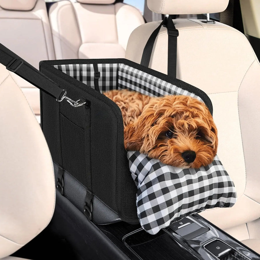Center console dog car seat with built-in safety leash and non-slip base.