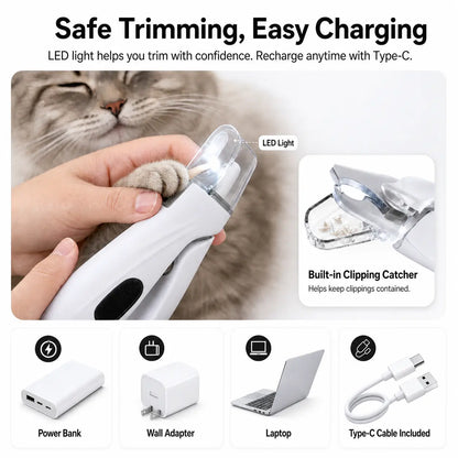 Pet Nail Clipper with Catcher & Grinder, LED Dog and Cat Nail Trimmer, Rechargeable 2-In-1 Paw Grooming Tool for Small Medium Large Pets