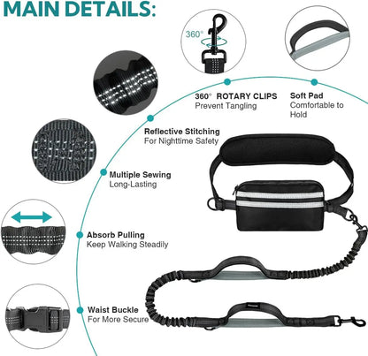 Hands-Free Dual Dog Leash with Waist Bag & Cushioned Pad – Walk Two Dogs with Ease No Tangles, No Stress