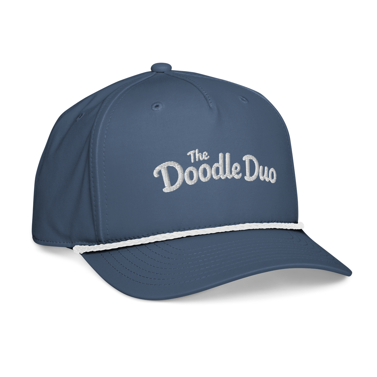 Light blue and white Doodle Duo rope hat with white embroidery — right front view.