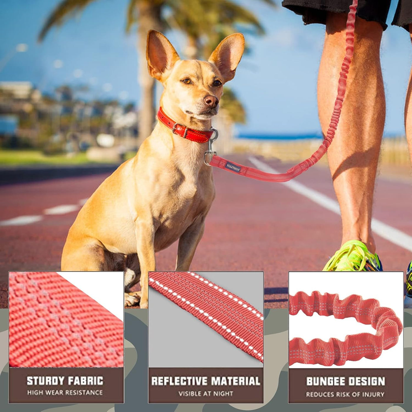 Heavy Duty Bungee Dog Leash for Large Breeds - 6FT with 2 Padded Handles, Shock Absorption, No Pull Training, Red
