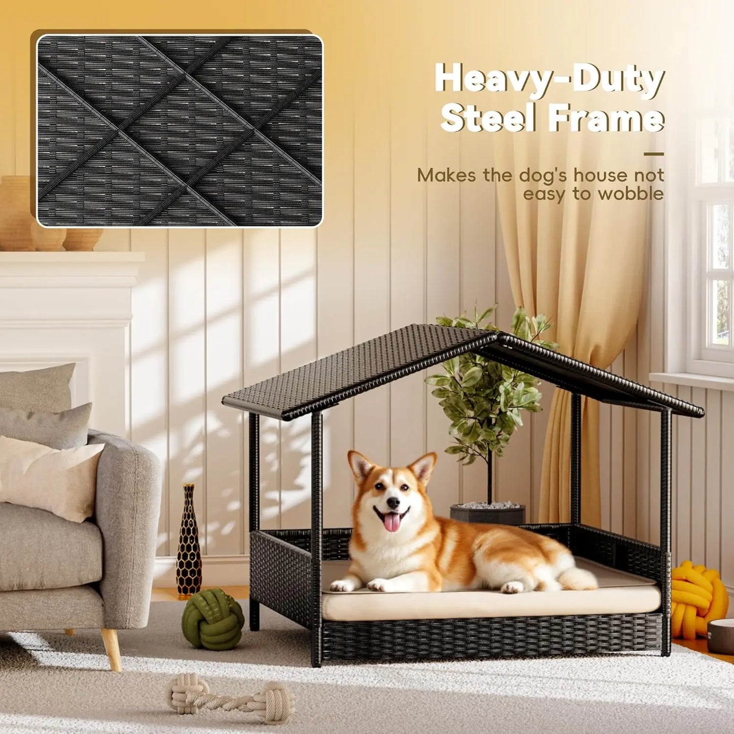 Elevated Wicker Dog House – Indoor/Outdoor Pet Shelter with Premium Cushion (for Patio, Deck, & Home)