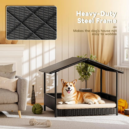 Elevated Wicker Dog House – Indoor/Outdoor Pet Shelter with Premium Cushion (for Patio, Deck, & Home)