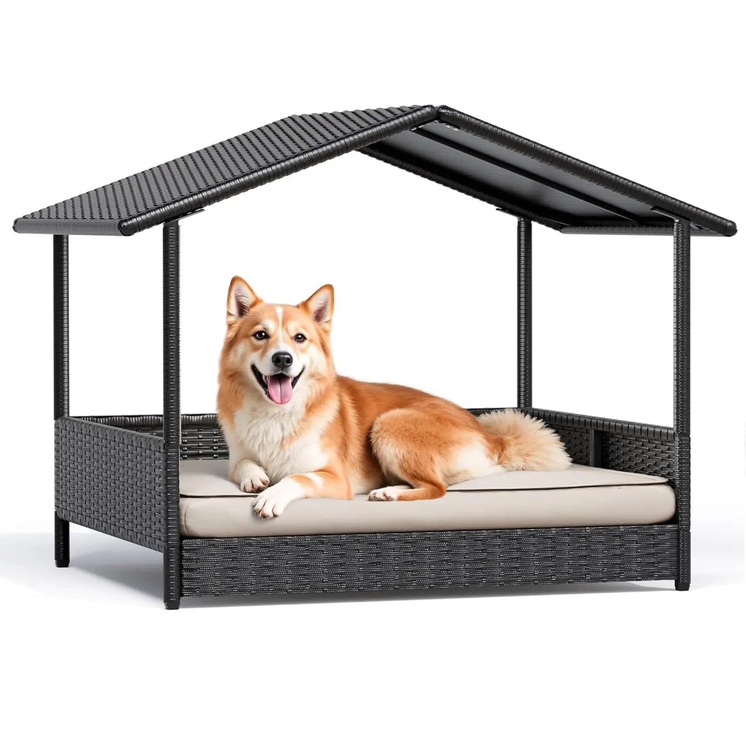 Elevated Wicker Dog House – Indoor/Outdoor Pet Shelter with Premium Cushion (for Patio, Deck, & Home)