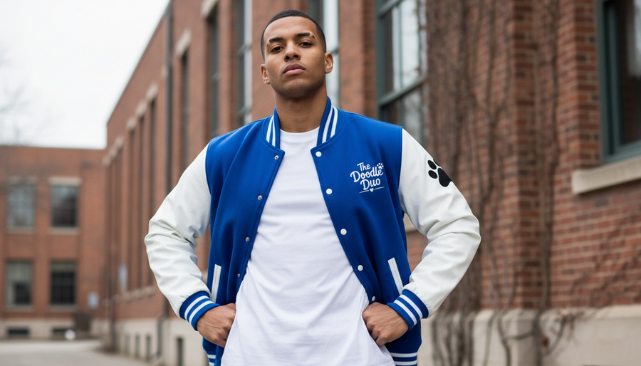A man wearing the royal blue and white Doodle Duo varsity jacket with the chest logo, standing in front of a brick building.