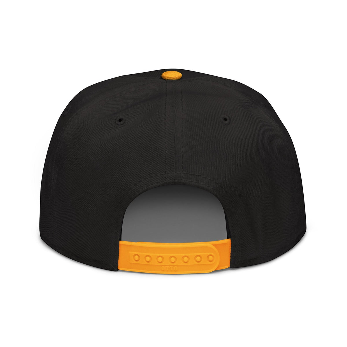 The Doodle Duo black snapback hat with a bright yellow plastic snap closure and matching yellow top button.