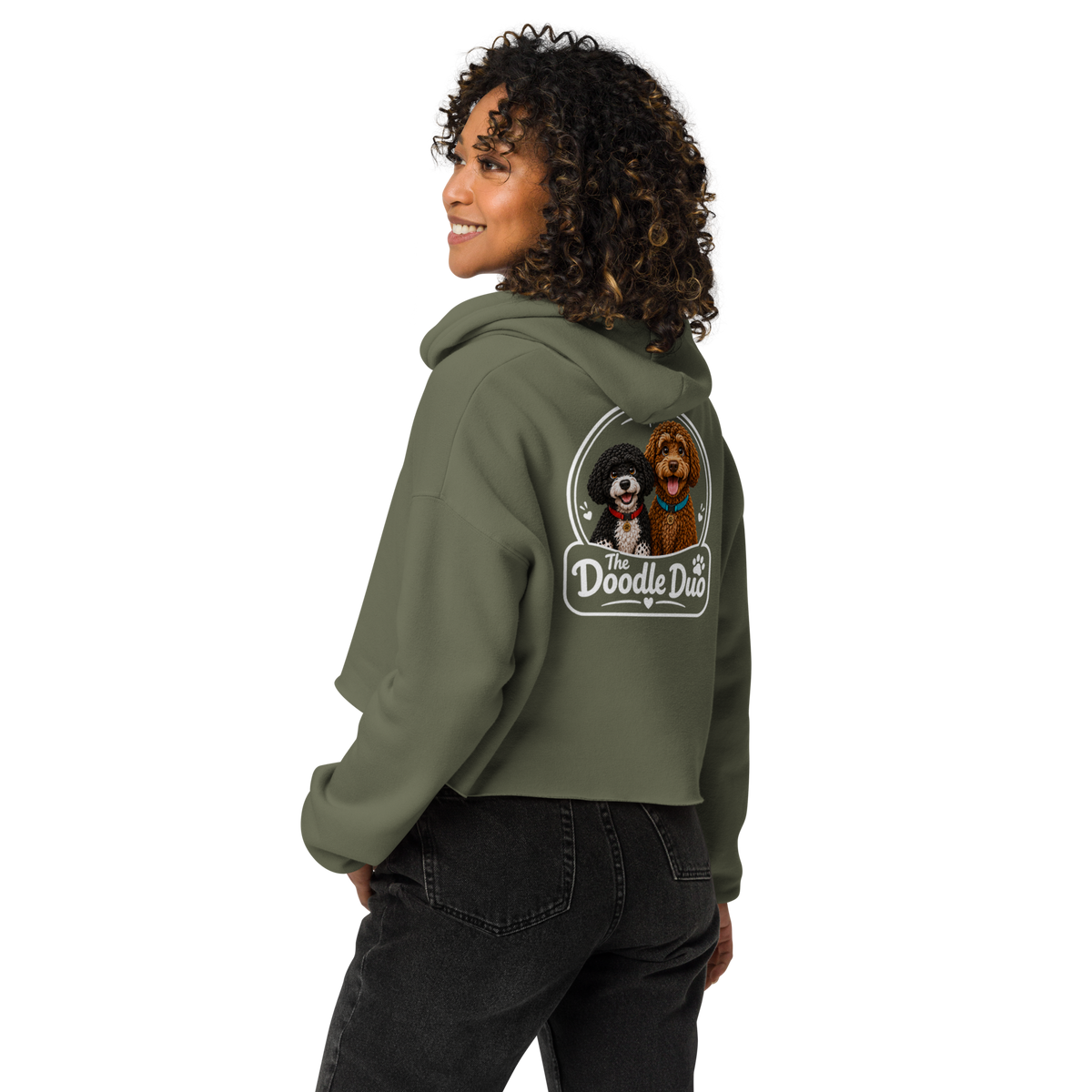 Military Green Doodle Duo women's crop hoodie — back view